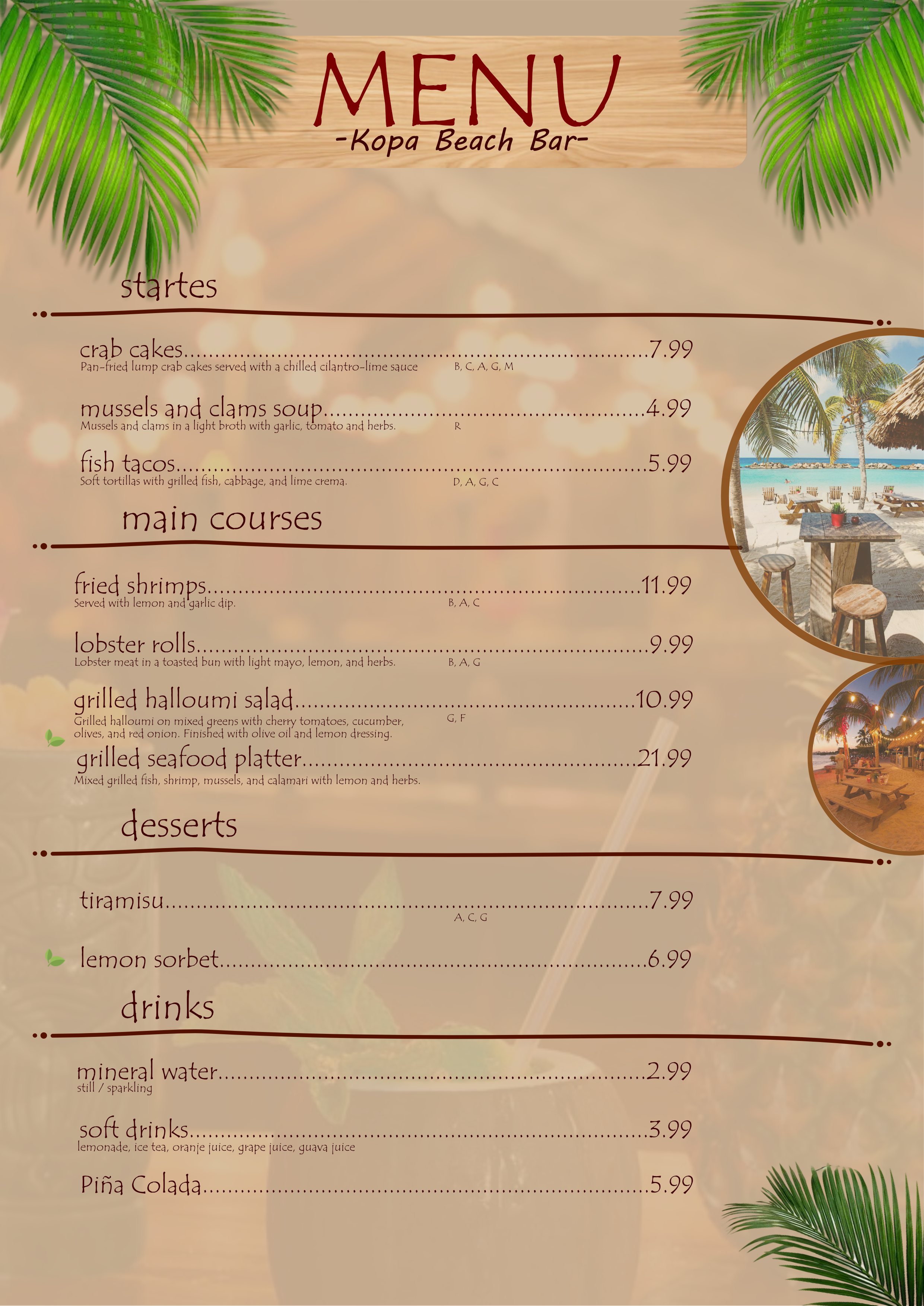 Kopa Beach Bar Menu
